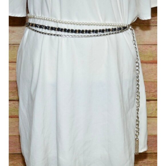 Great Multi Chain & Faux Pearl Silver Tone Adjustable Belt Faux Leather 37-50 in - Picture 6 of 8
